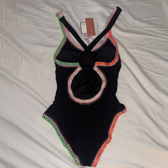 PQ Swim Solange Ferrarini Women's One Piece Swimsuit Size M Black Crochet Trim - Picture 2 of 7